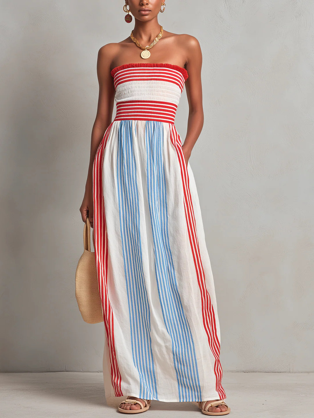 New Cross-border European And American Style, Popular On Wish And Amazon, Round Neck Striped Fashion Print Street Sexy Strapless Dress