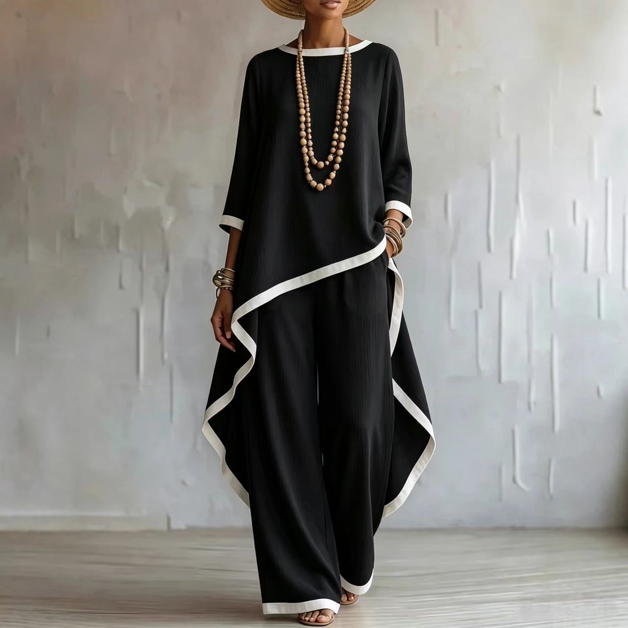 European And American Cross-Border New Style Old Money Style Cotton And Linen Irregular Design Long-Sleeve Blouse And Wide-Leg Pants Two-Piece Women's Set