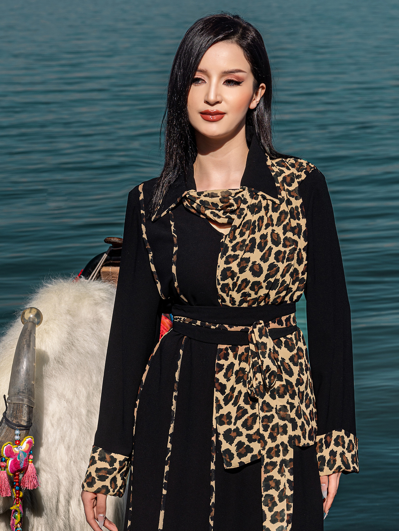 Leopard-Print Panel Belted Maxi Dress