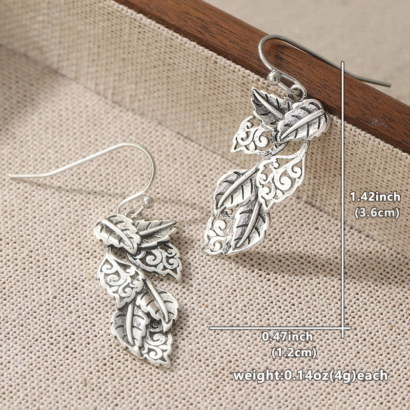 Pendants d'oreilles feuille Vintage en superposition Laiton Argenté Femme Boho Gravé Fête Mode Bijoux Élégant