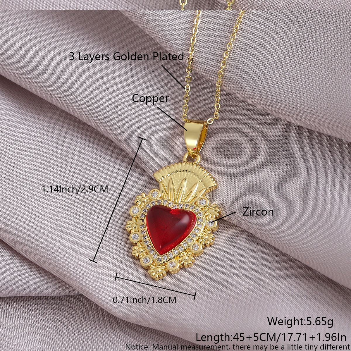 Collier Cœur Sacré Zircon Rouge — Pendentif Gothique Doré 1