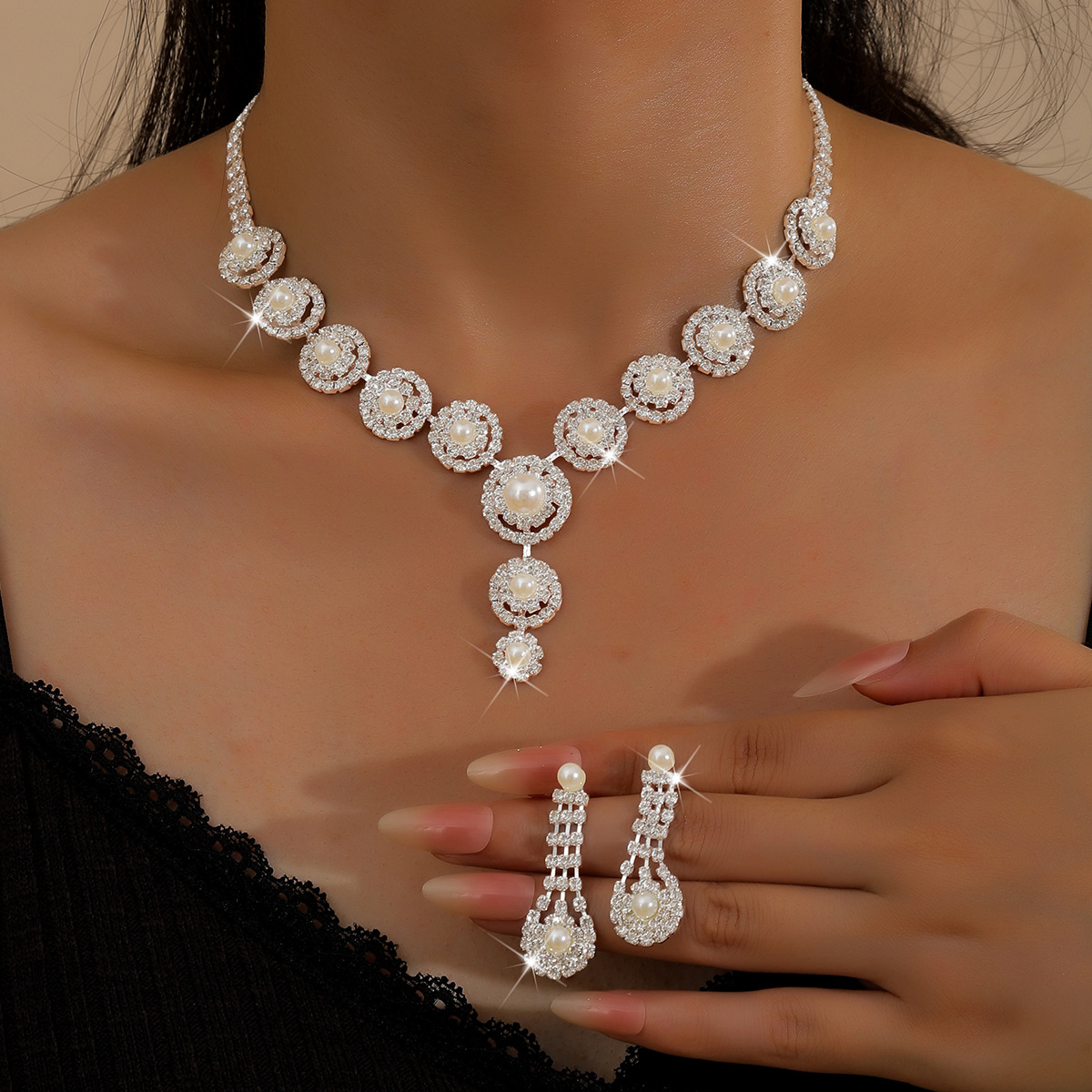 Factory Wholesale Wedding Accessories Bridal Set Jewelry Sunflower Rhinestone Pearl Necklace Earrings Two-Piece Set