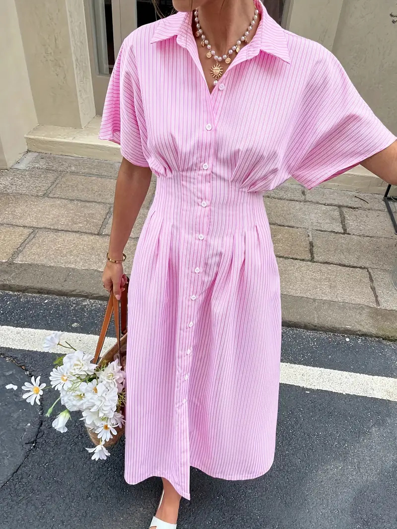 Women Striped Shirt Dress Short Sleeve Midi