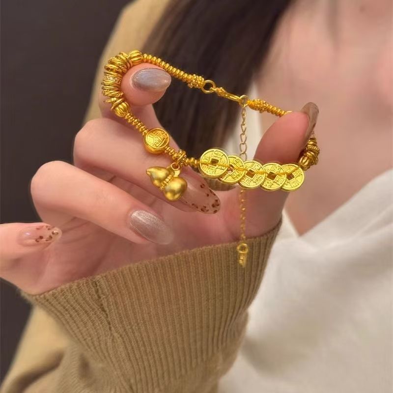 Golden Five Emperors Ancient-Style Gourd Wrap Bracelet, Chinese Retro Niche Girlfriend Jewelry, Handmade Bracelet Gift, National Trend product image