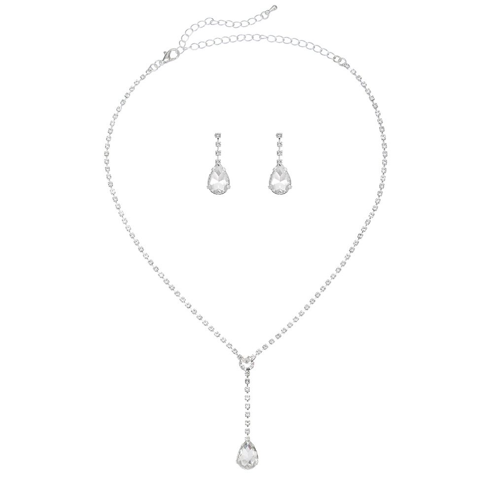Women Y-Drop Pear CZ 2Pcs Jewelry Set, Rhodium Plated Necklace Dangle Earrings Bridal Formal Jewelry