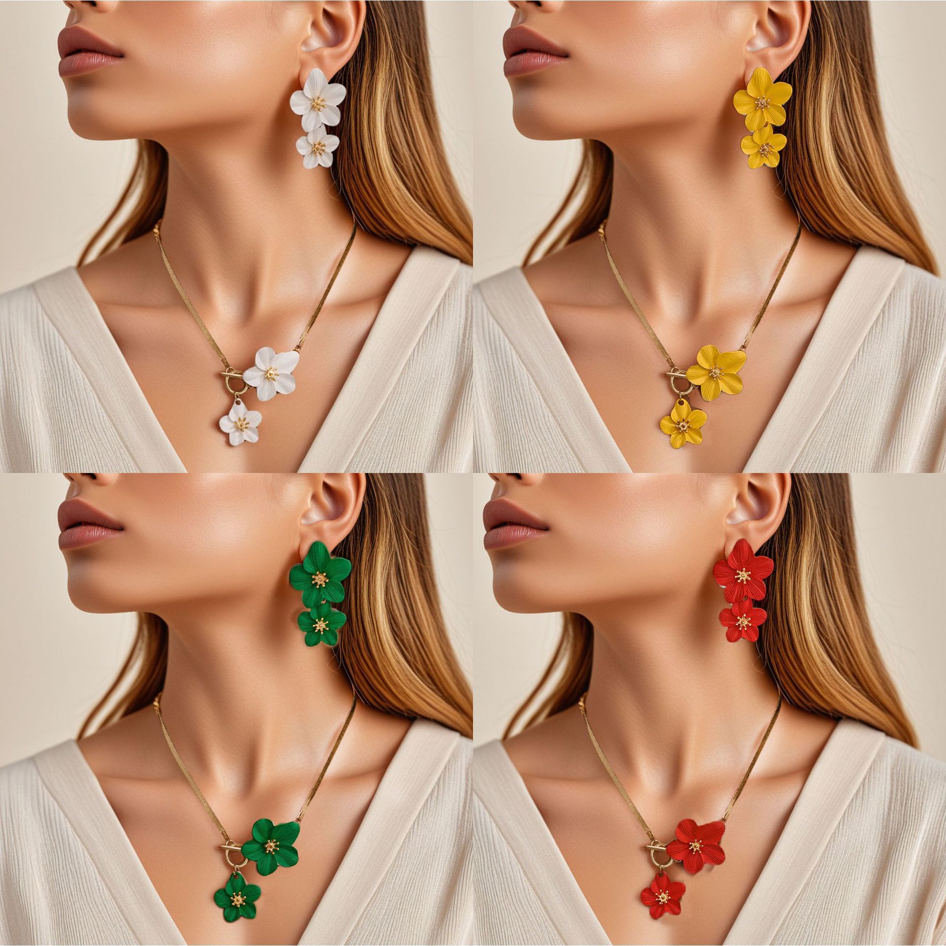 Bohemian Style Double Flower Earrings And Necklace