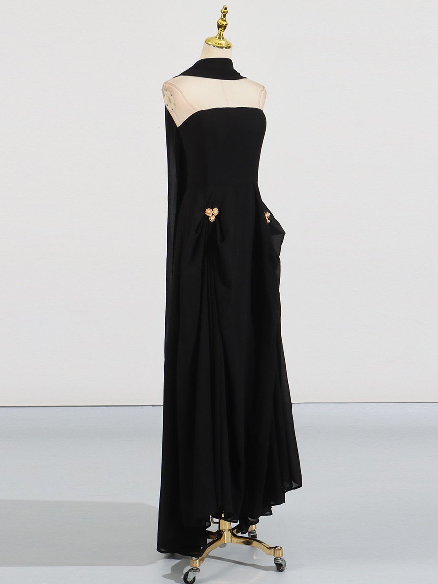 Black Lace Bodice Twist-Waist Midi Evening Dress