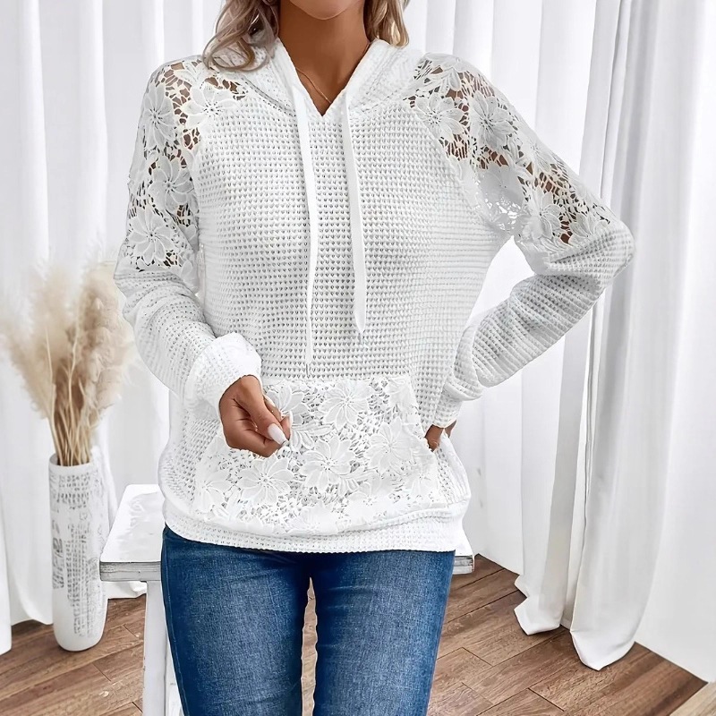 New Long-sleeved European And American Style Elegant Lace Solid Color T-shirt With Patchwork Design For Autumn And Winter, Women's Pullover