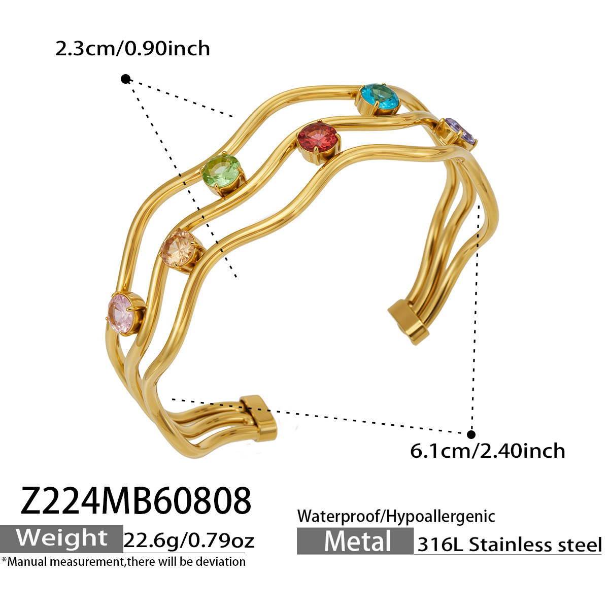 316 Stainless Steel 18K Gold Plated Open Cuff Bangle Inlaid Zircon Fashion Women Wrist Jewelry For Daily Dating Party Occasions