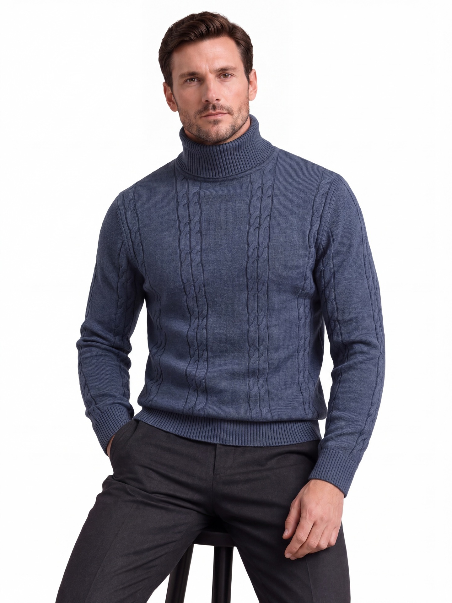 2026 Autumn Winter Cross-Border Foreign Trade Men's Solid Color Twisted Pattern Turtleneck Pullover Knit Sweater, Warm Base Layer Sweater For Men