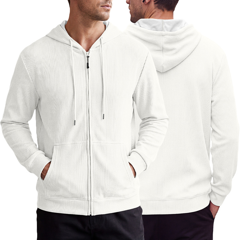 Cross-border Men's American-style Jacquard Waffle Knit Hooded Pocket Cardigan Jacket, Heavy-duty Loose Casual Sweatshirt For Export