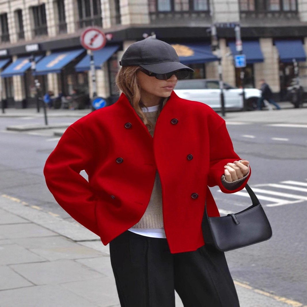 2025 European And American Women's Fashion Double-Breasted Solid Color Woolen Coat Casual Elegant British Style Versatile Top For Women