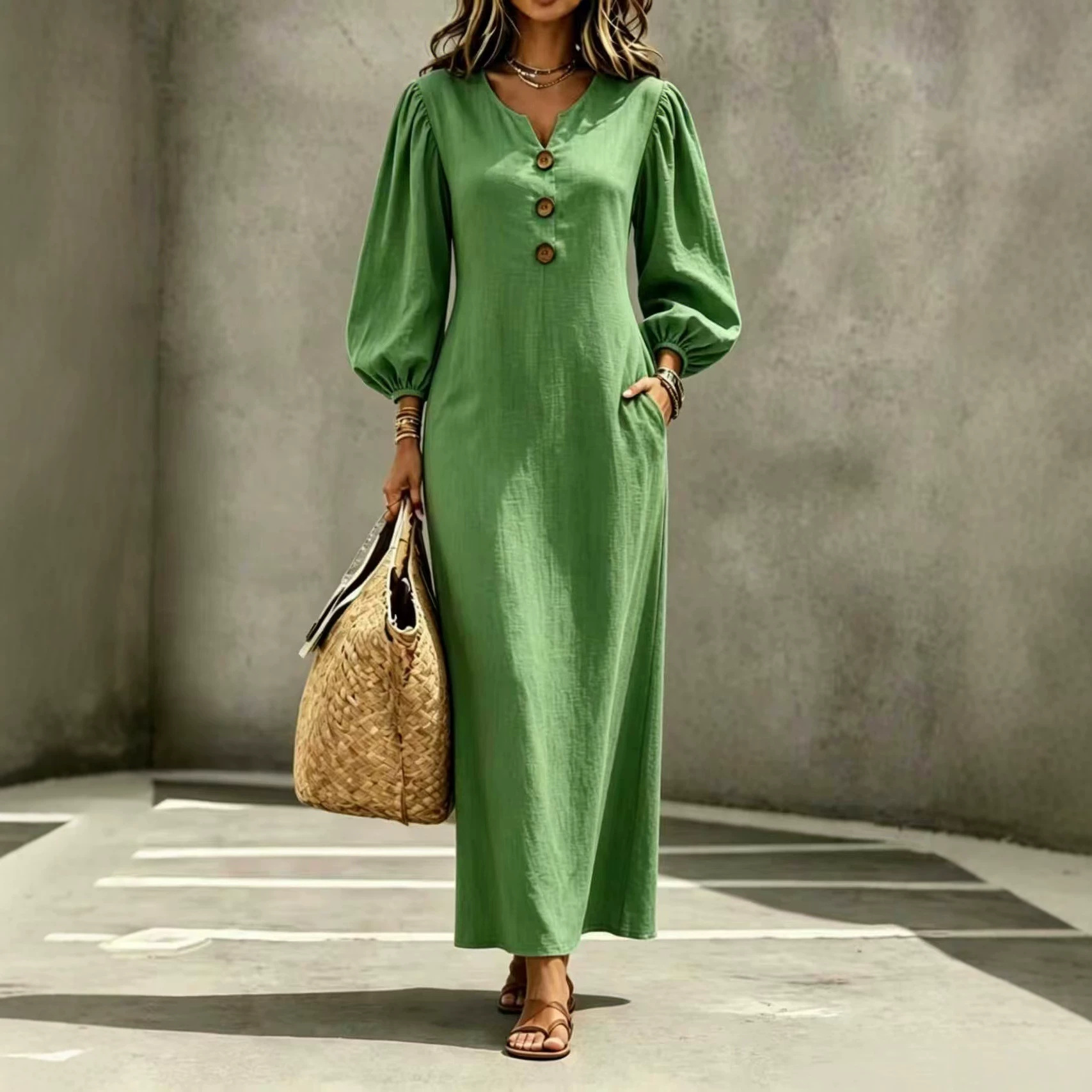 Women's European And American Style V-Neck Button Puff Sleeve Loose Casual Long Dress, Flattering And Belly-Covering, Perfect For Vacation