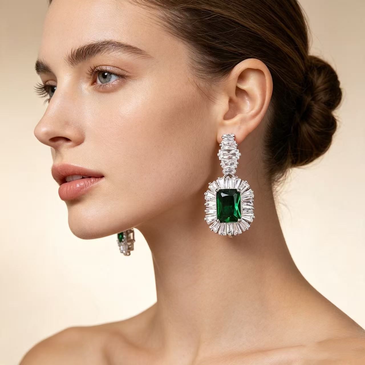 European & American Luxury Color Gemstone Surrounded Zircon Drop Earrings, Vintage Rectangular Zircon Earrings, High-end Jewelry For Evening Gown