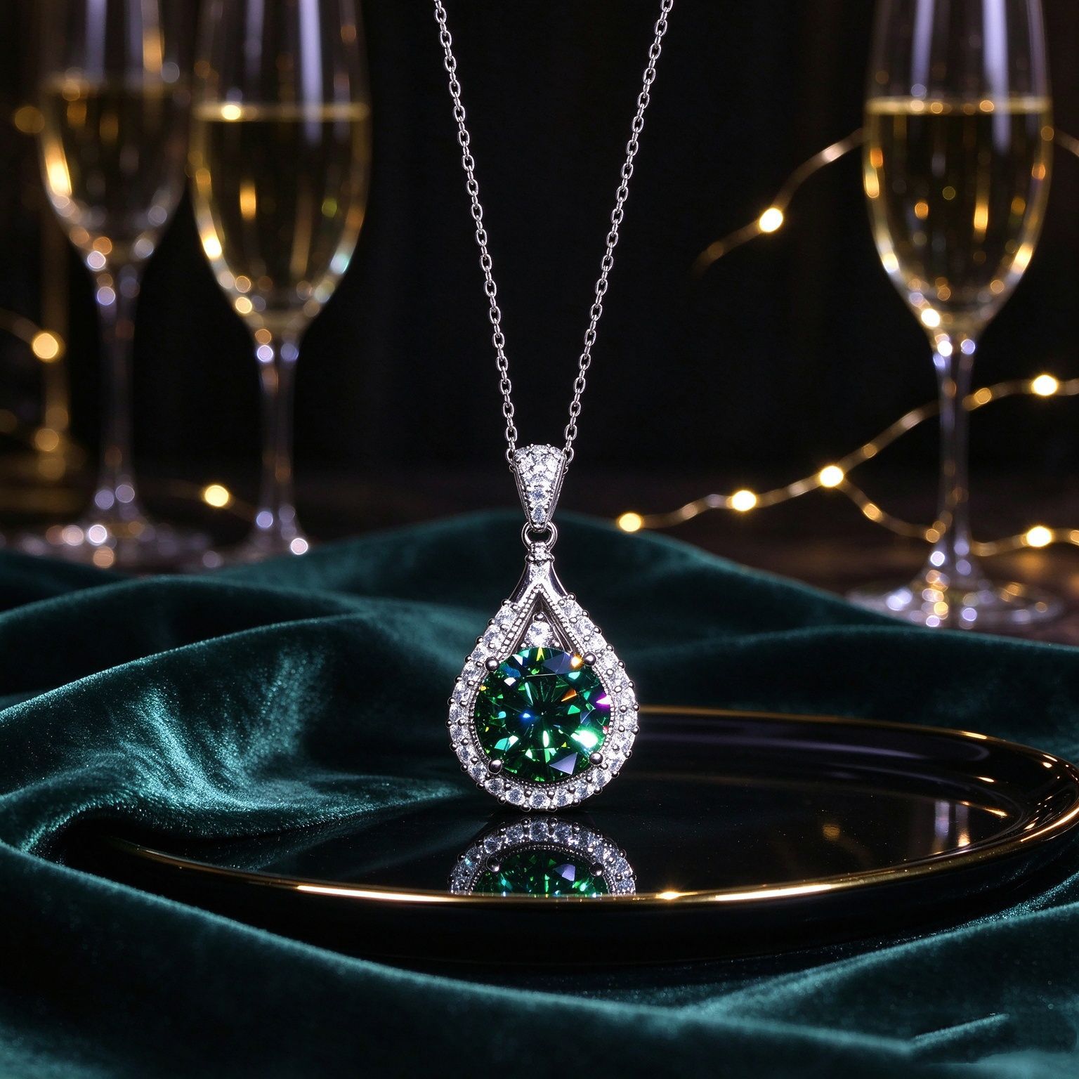 Light Luxury Pear Shape Green Gem Pendant Necklace For Women, Double Layer Halo Inlaid Zircon Clavicle Chain, Banquet Dress Jewelry 5