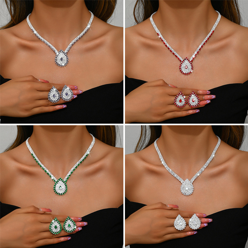 European And American Cross-Border New Style Full Diamond Water Drop Earrings And Necklace Bridal Jewelry Set, Fashionable And Luxurious High-End Clavicle Chain