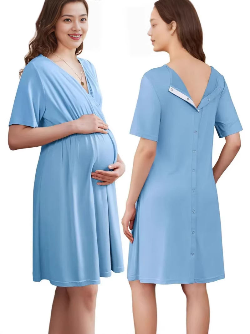 2026 Cross-Border European And American Modal Maternity Summer V-Neck Solid Color Nursing Short-Sleeve Loose Breathable Dress Plus Size