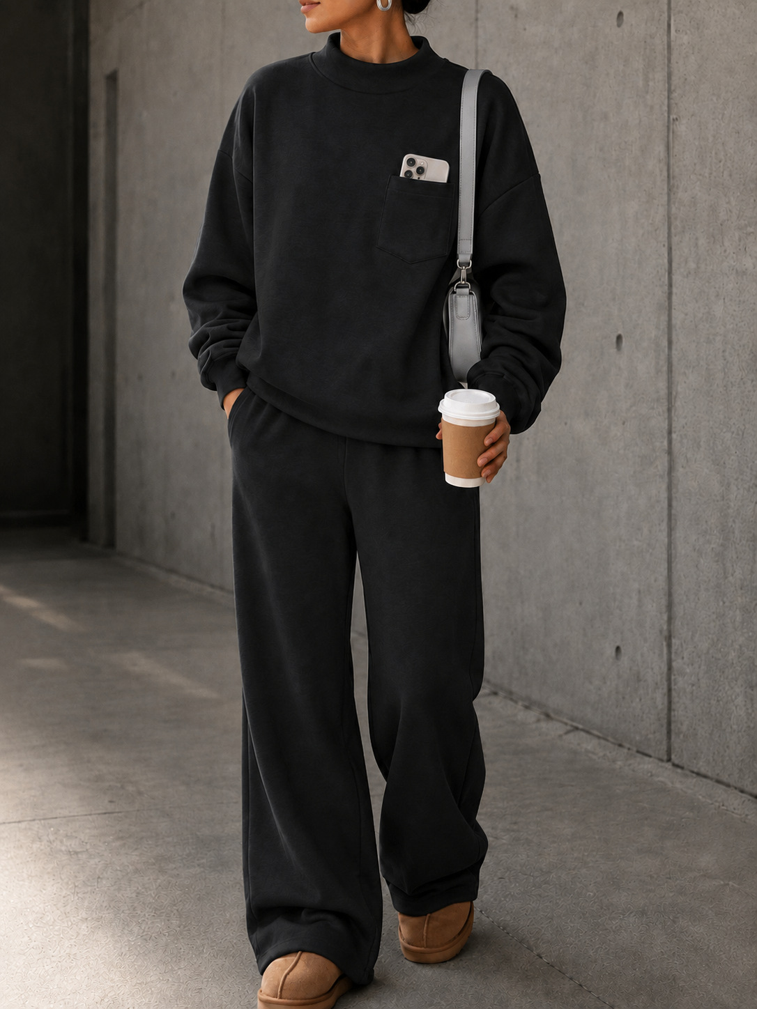 Hanorac Toamnă Iarnă Nou European și American cu guler lejer și pantaloni largi pentru picioare Set din două piese pentru femei, ținută sport Casual Culoare