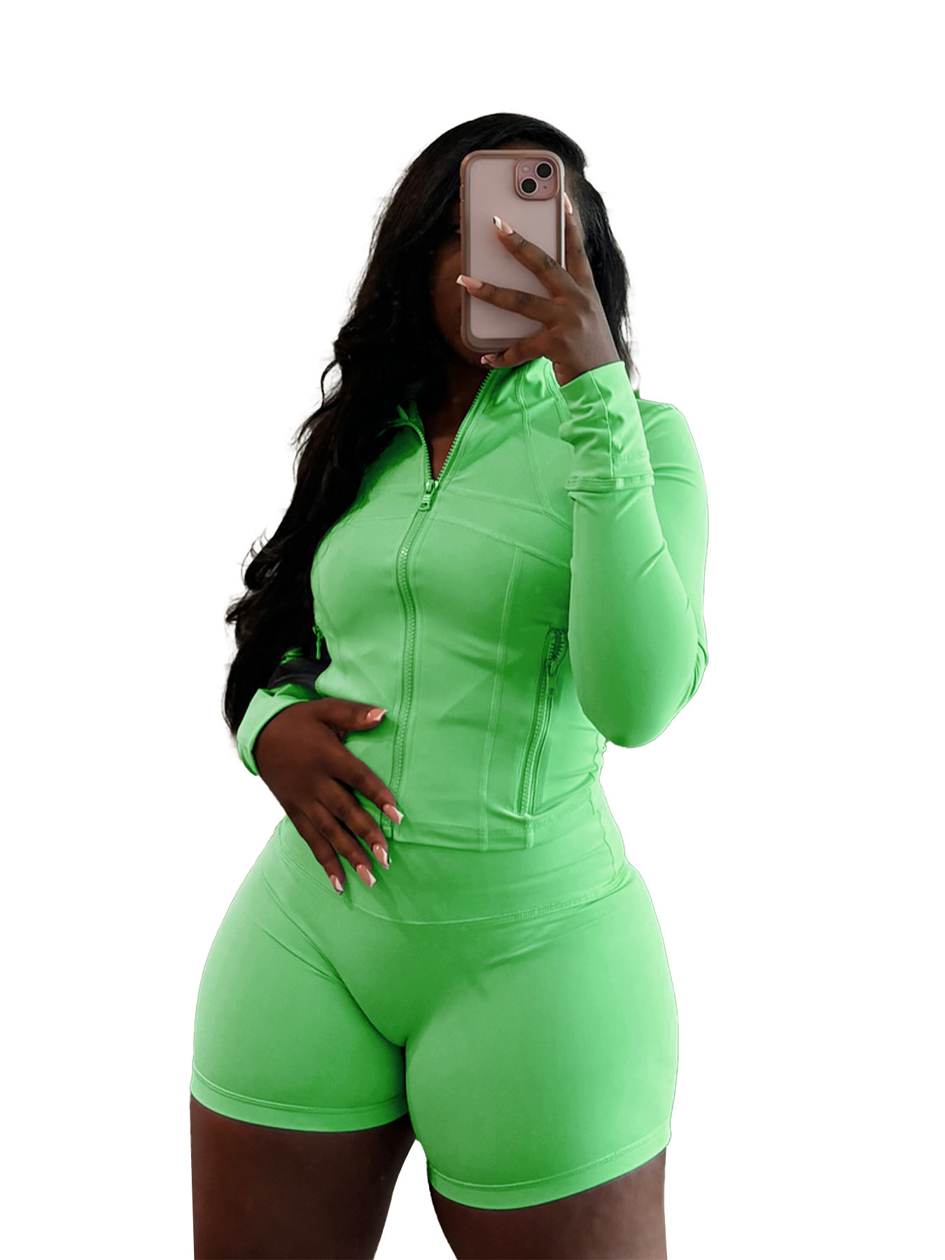 2026 Spring And Summer New Style European And American Sports Casual Sexy Tight-Fitting Long-Sleeved Shorts Two-Piece Set