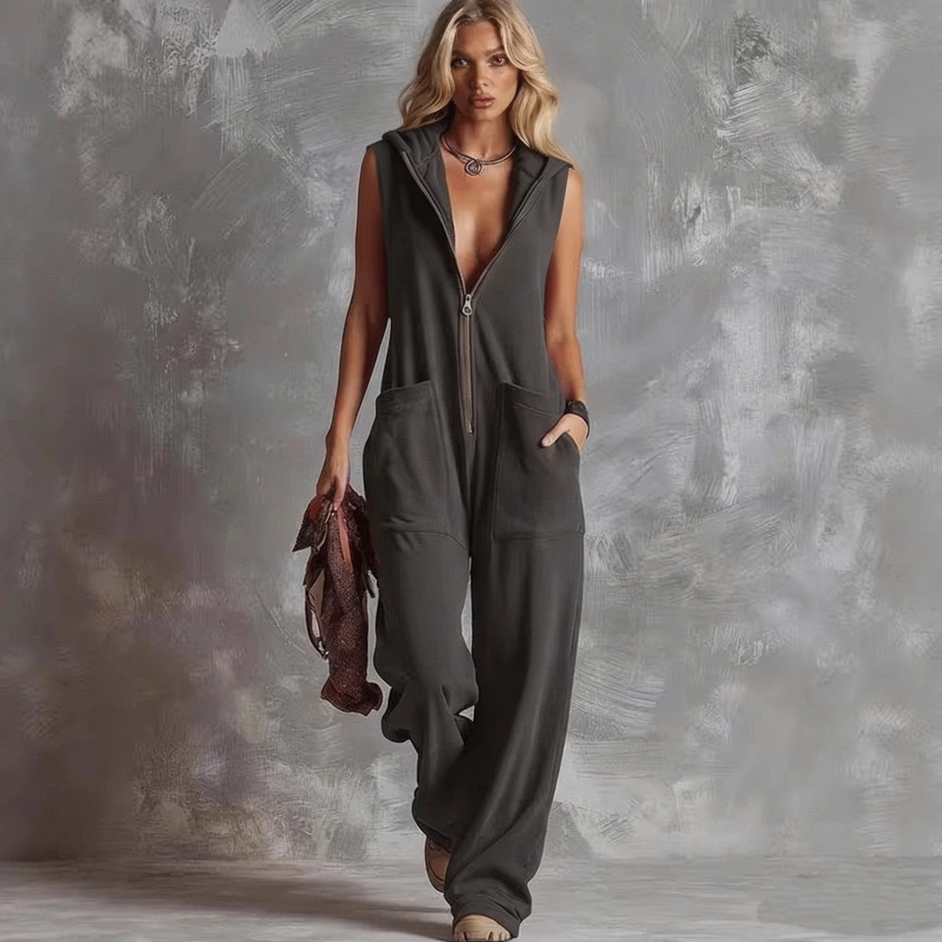 Women's sleeveless hooded jumpsuit supplier image 9