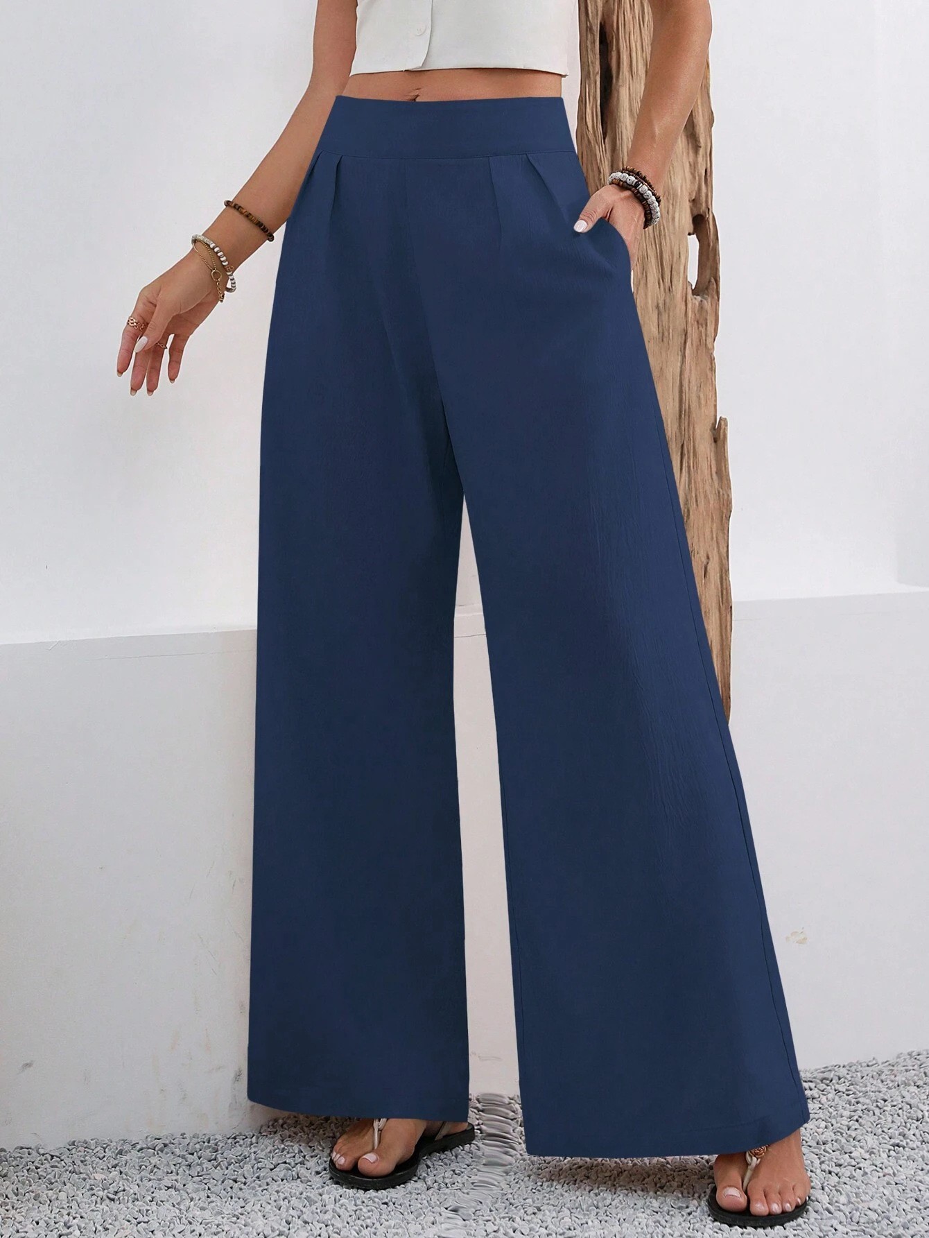 Pantalon large femme taille haute avec poches