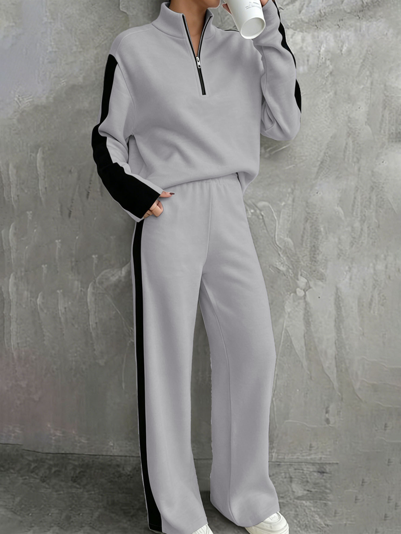Autumn Winter Women Fashion Casual Color Block Half-Zip Mock Neck Pullover Sweatshirt Sweatpants 2-Piece Set