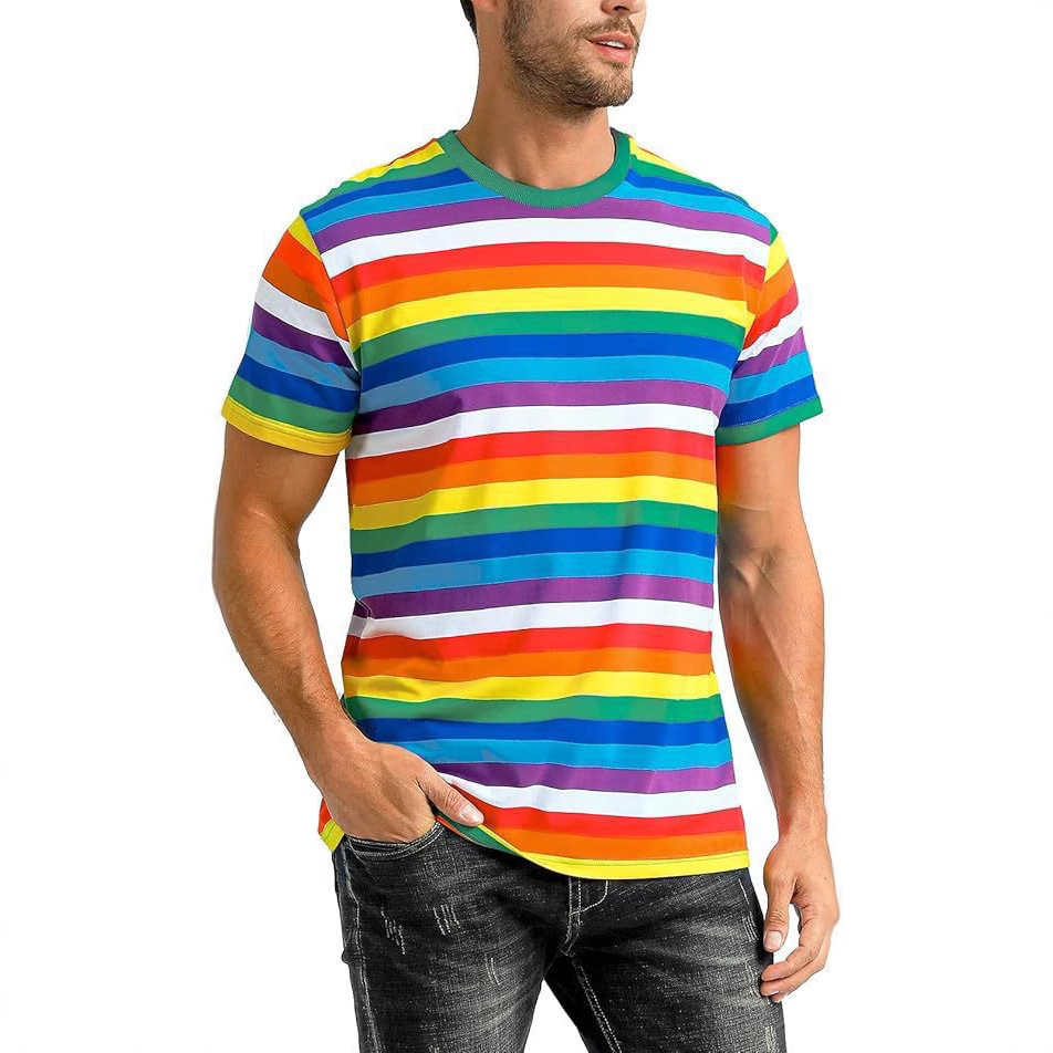 2026 Summer New Striped Layered Short-Sleeve Heavy Round Neck Loose Men's T-Shirt Trendy Versatile Casual
