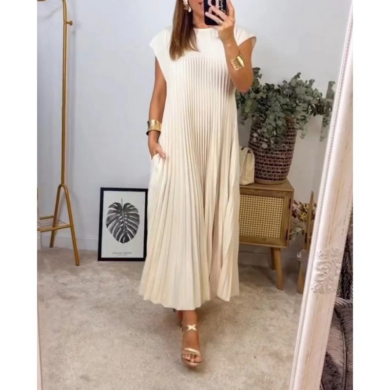 2026 New Summer Women's Clothing, Cross-Border European And American Dresses, Elegant And Fashionable Round Neck Sleeveless Pleated Long Dress