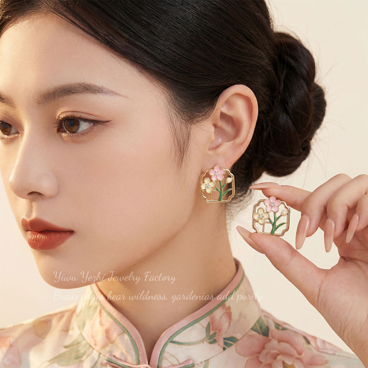 Cercei pătrați de grădină Monet cu smalț floral în stil vintage de pictură în ulei, cercei eleganți de înaltă calitate în stil chinezesc