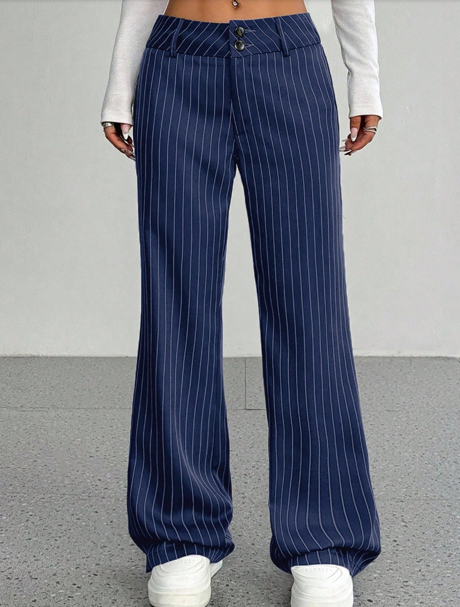 European And American Cross-Border Striped Loose Casual New Mid-Waist Wide-Leg Suit Trousers Straight-Leg Pants — image 9 of 10
