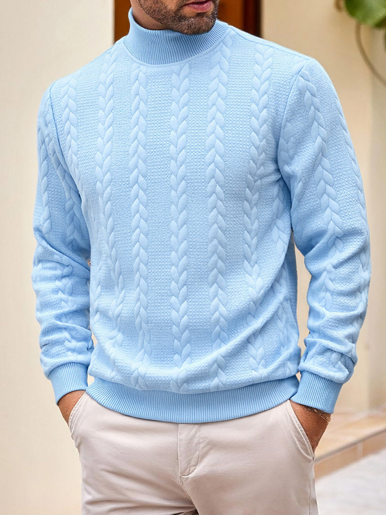 Cross-Border European Size Autumn And Winter Knitwear, Daily Outdoor Casual Solid Color Fashion Jacquard High-Neck Warm Sweater For Men