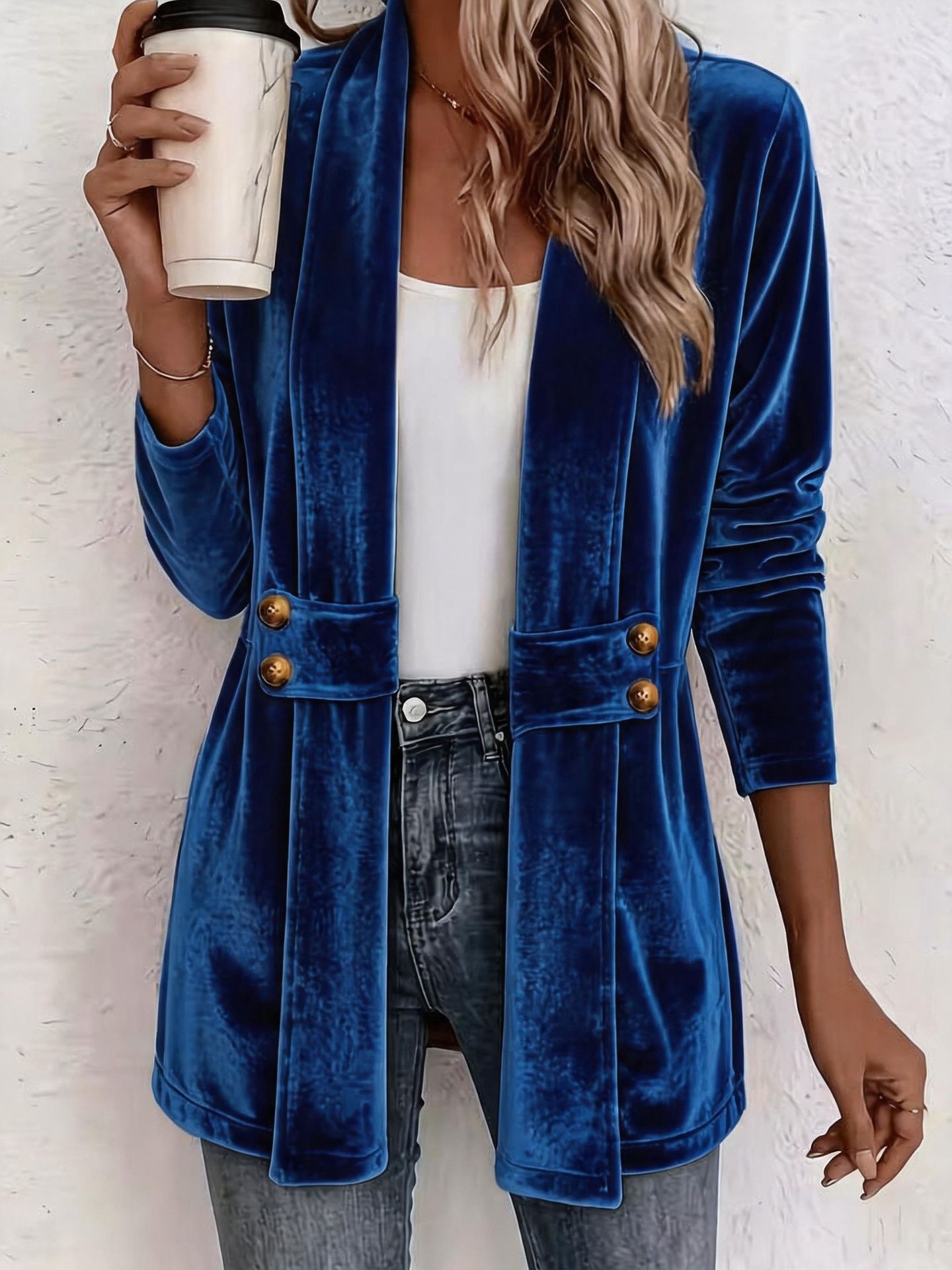Women Velvet Open Front Cardigan Long Sleeve Double Button Decor Casual Outerwear Coat