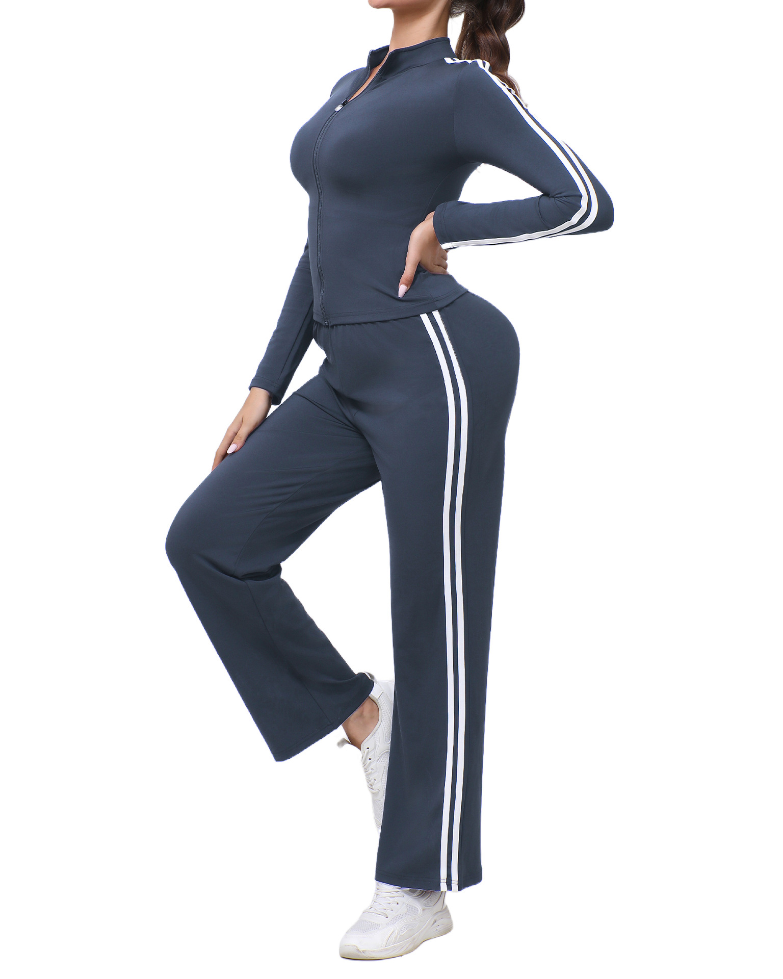 Two-Piece Set Of Black And White Contrasting Color Zippered Elastic Slim-Fit Long-Sleeved Jacket Sports Outdoor Yoga Wear Women's Yoga Set