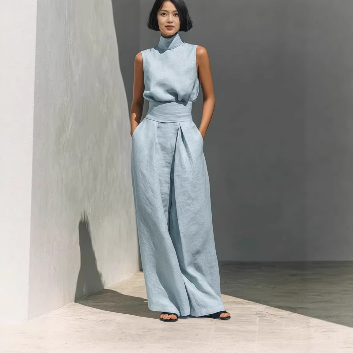Cotton And Linen Sleeveless Trousers Casual Suit Women (Sky