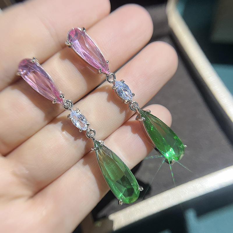 Elegant Colorful Long Crystal Drop Earrings Silver