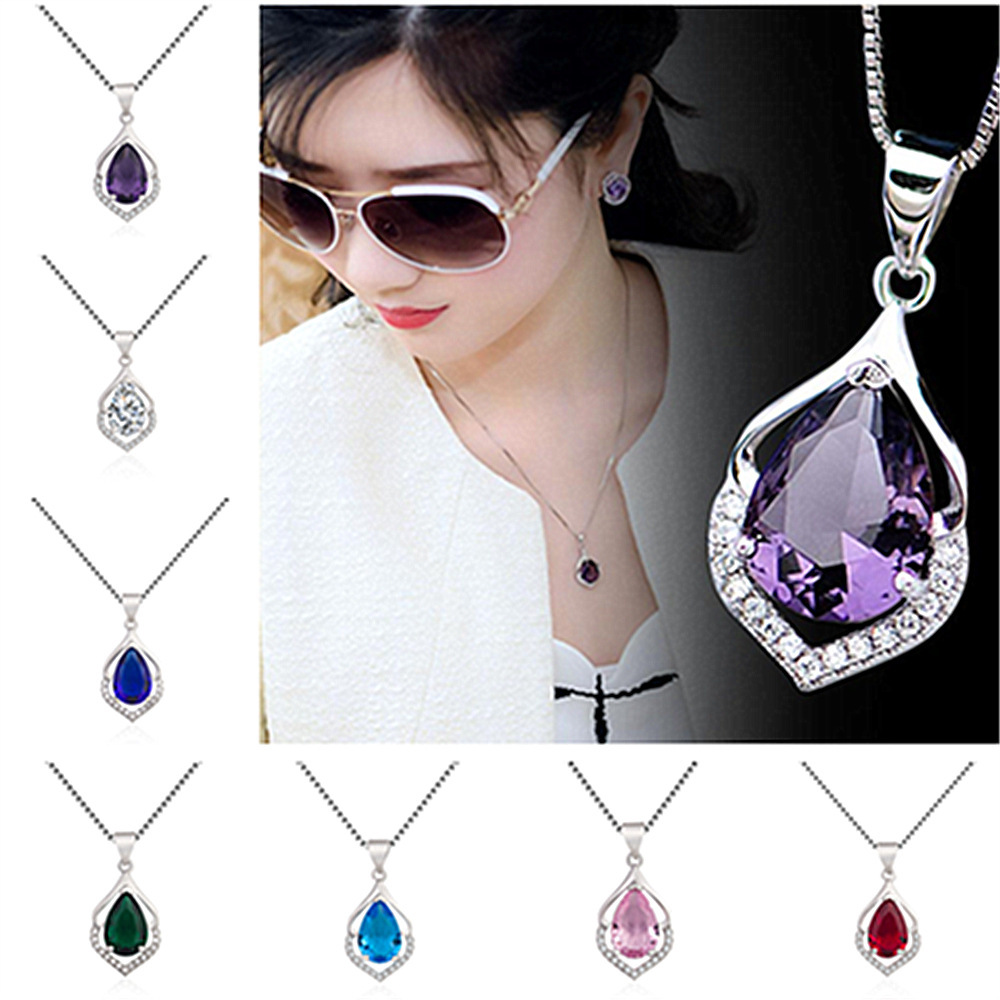 Elegant And Generous Imitation Silver Dripping Gemstone Necklace Drop-Shaped Pendant Exquisite Amethyst Necklace Clavicle Chain Wholesale