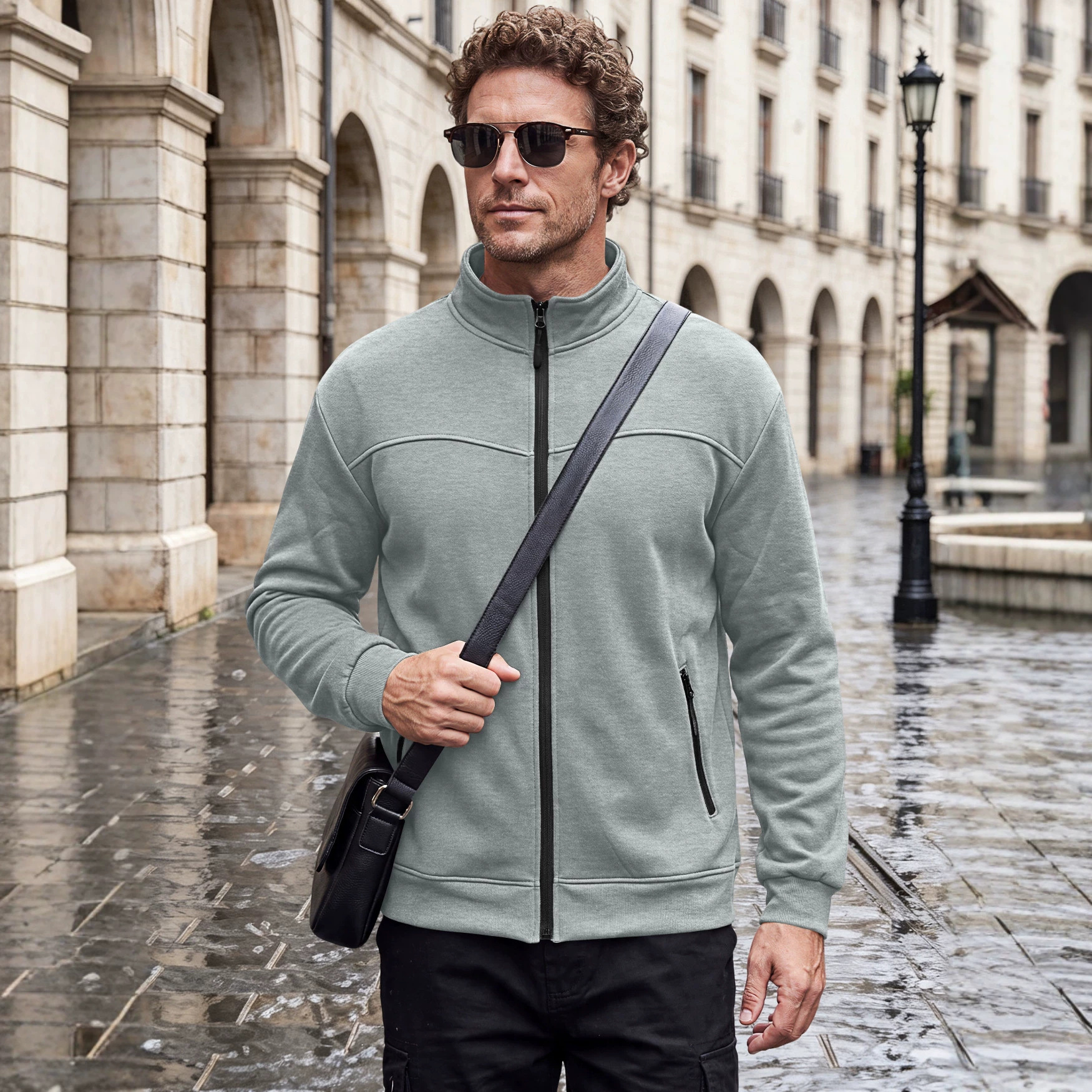 Jachetă din fleece pentru bărbați, cu guler ridicat, fermoar și buzunare laterale, pentru toamnă și iarnă, jachetă casual de exterior cu mâneci lungi, tip