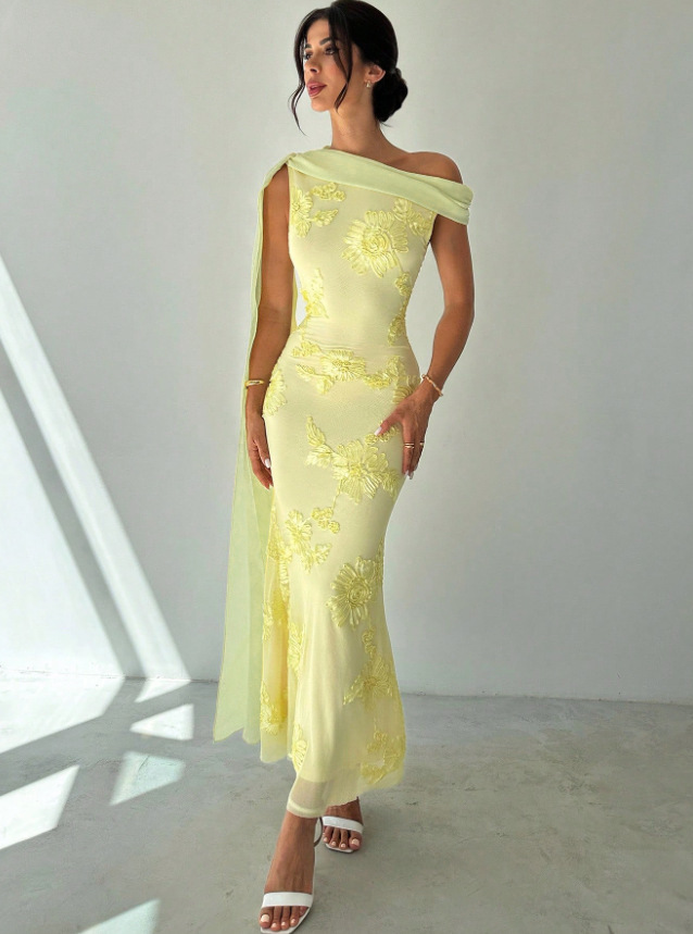 European And American Foreign Trade Women's Clothing, Elegant And Sophisticated Evening Dress With Ribbons, Summer Asymmetrical Off-shoulder Waist-cinching Long Dress