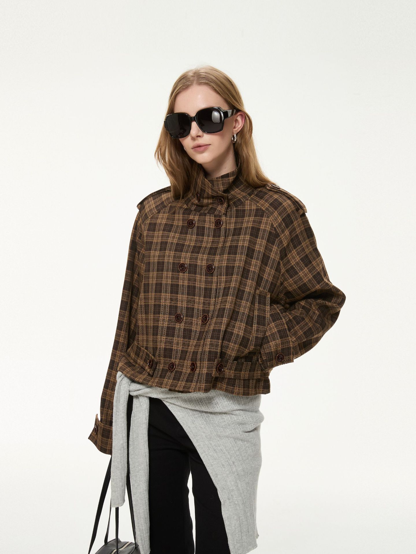 Double-Breasted Plaid Short Trench Jacket