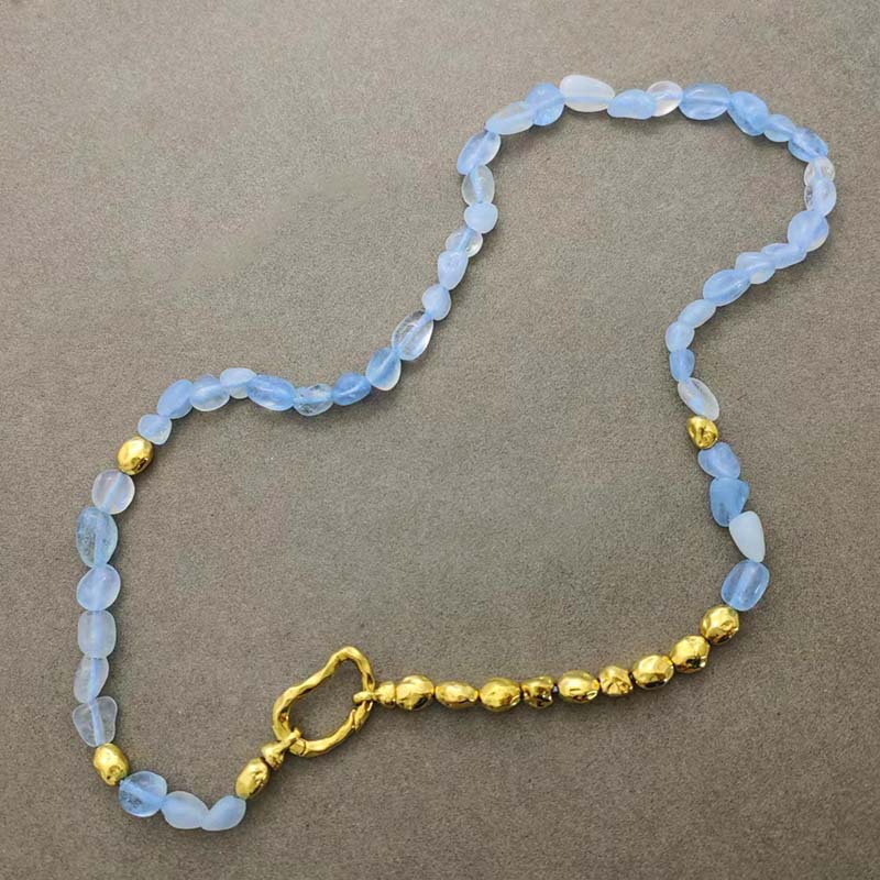 Blue Sapphire Beaded Necklace Bracelet Set Gold Tone Women Vacuum Plated Elegant Fashion Jewelry Versatile 3