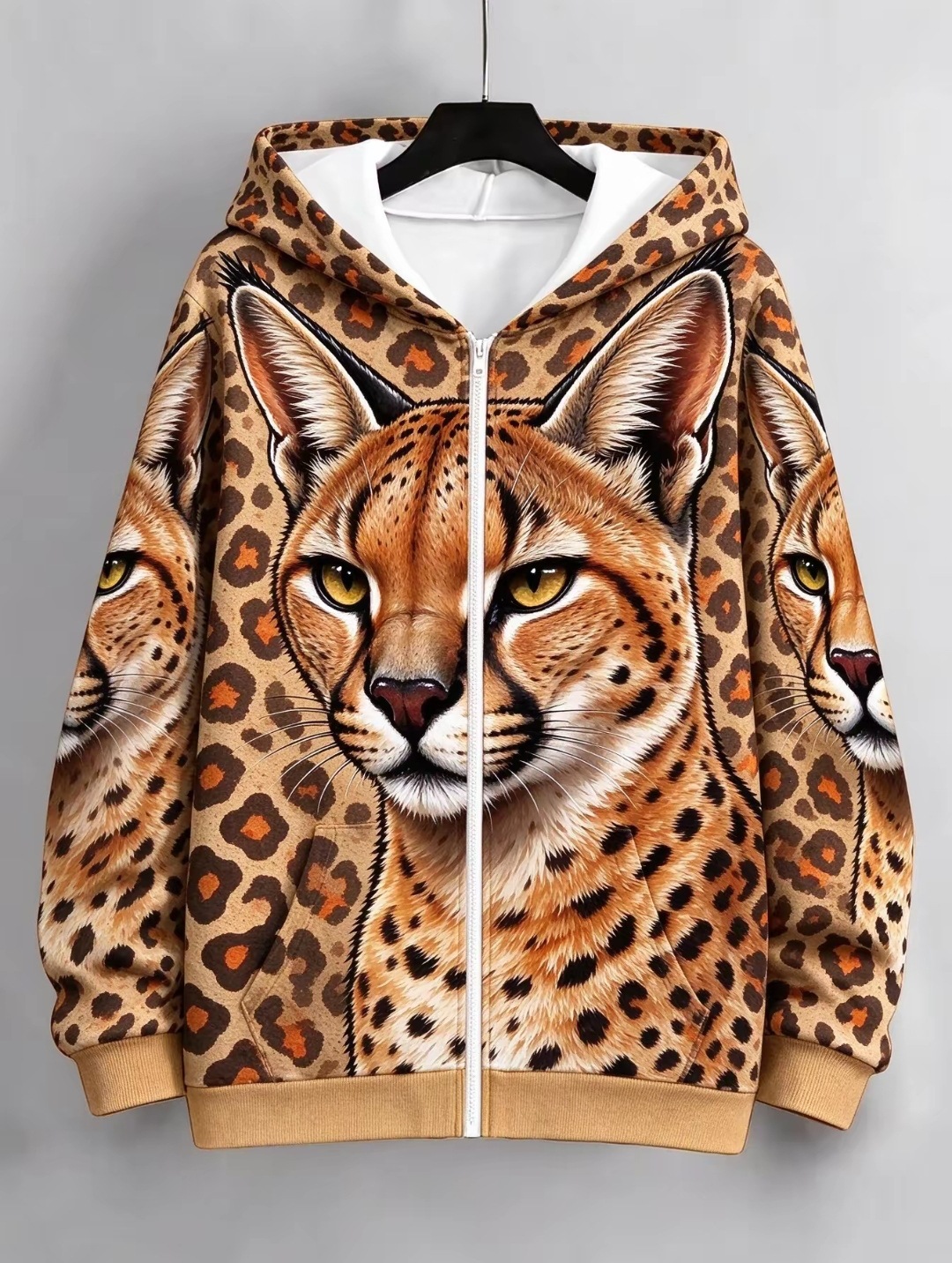 Women's European American Style Zip Up Hooded Cardigan Sweatshirt, Big Face Animal Print, All Over Leopard Print, Loose Casual Trendy Jacket