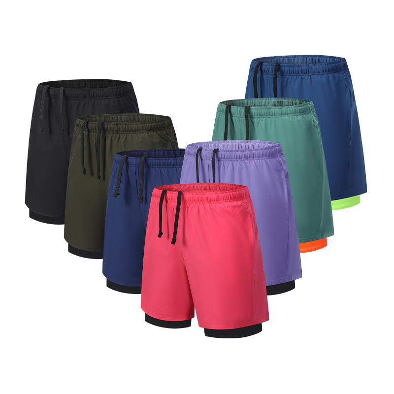 Outdoor Running Sports Shorts Cross-Border Large Size Breathable Training Men's Elastic Lining Anti-Exposure Fake Two-Piece Shorts