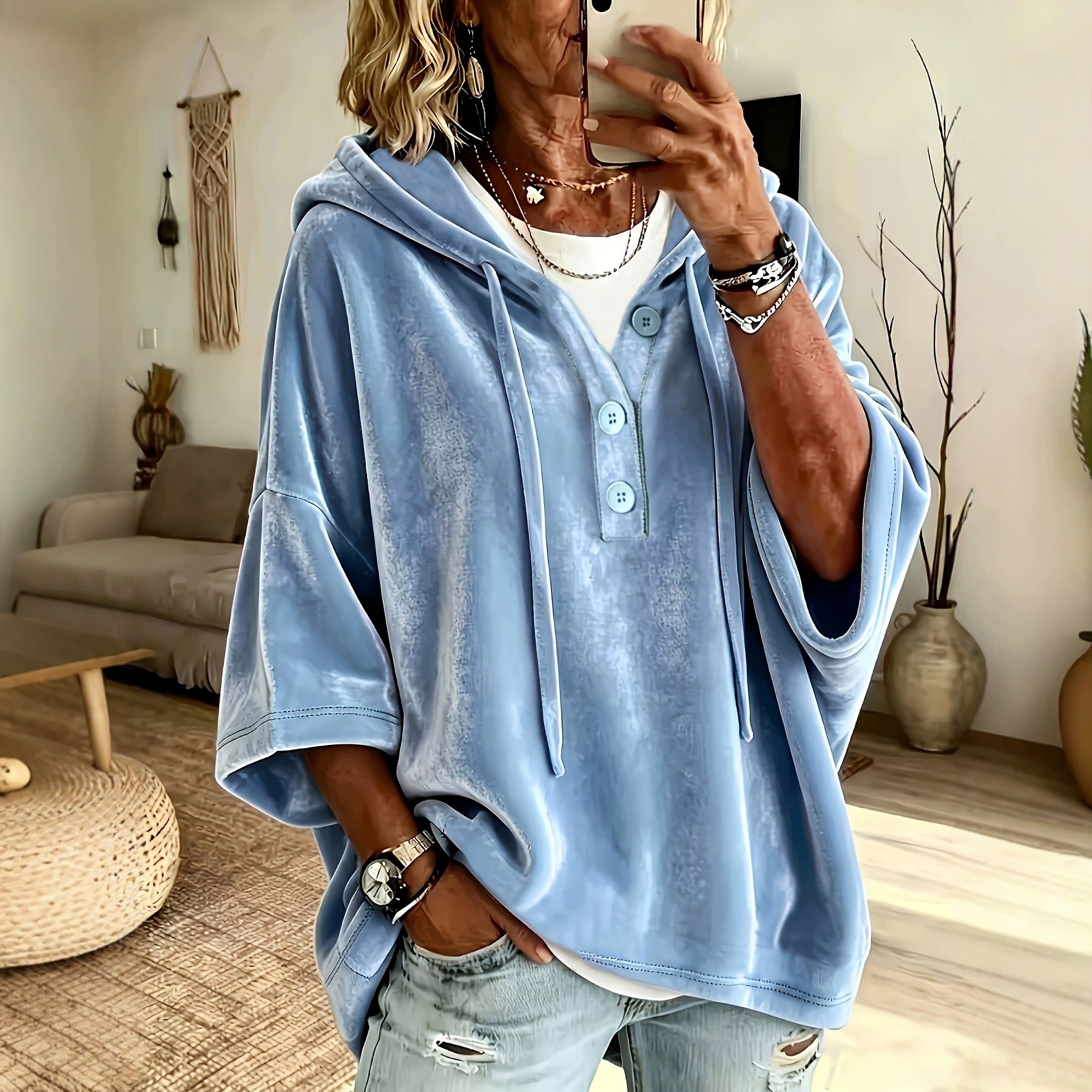 Women's Solid Color Velvet Casual Three Quarter Sleeve Top For Spring, Summer And Autumn