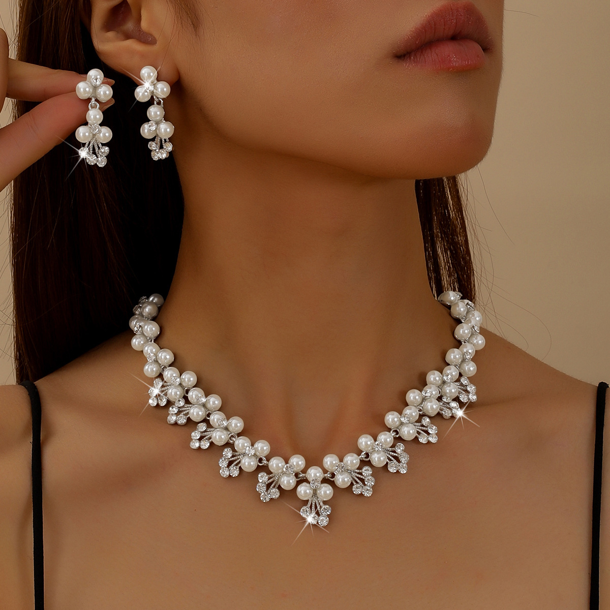 Womens Winter Pearl Rhinestone Bridal Jewelry Set