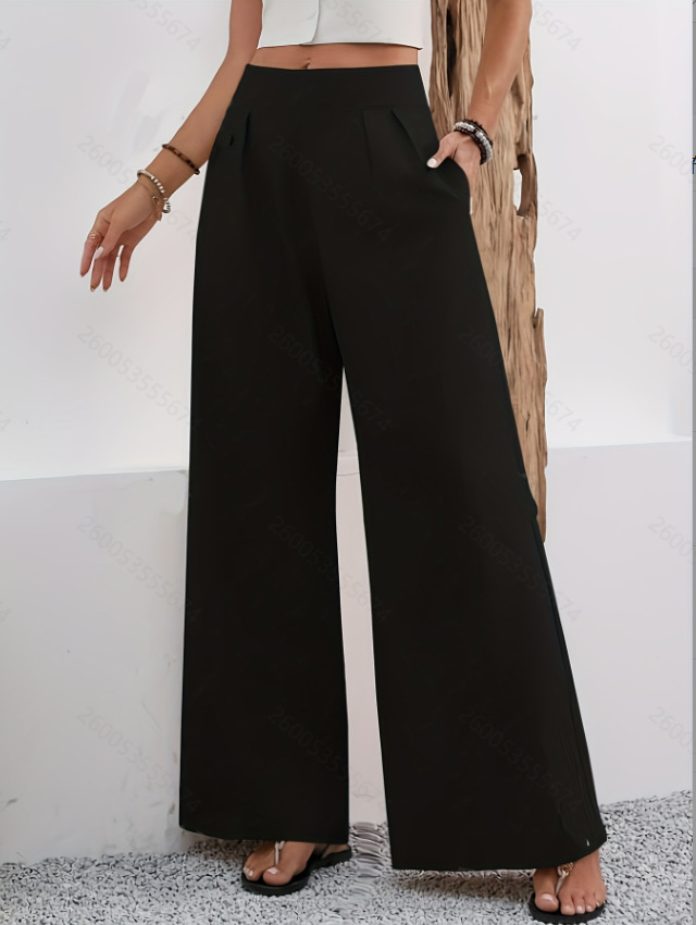 Pantalon large femme taille haute avec poches