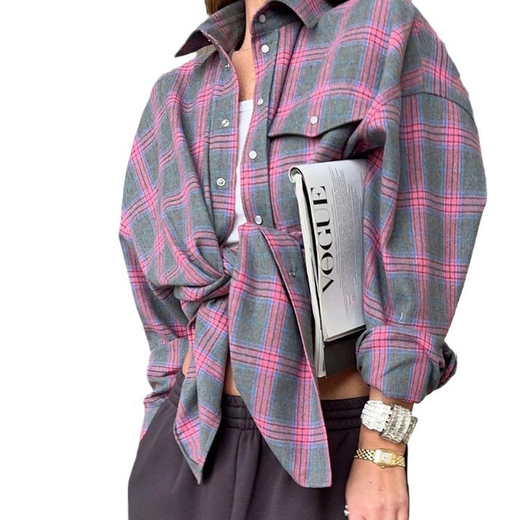 Amazon Ozon Cross-Border Women's Shirt Retro Style Loose 2025 Spring Autumn Winter Plaid Long-Sleeve Pocket Shirt Versatile