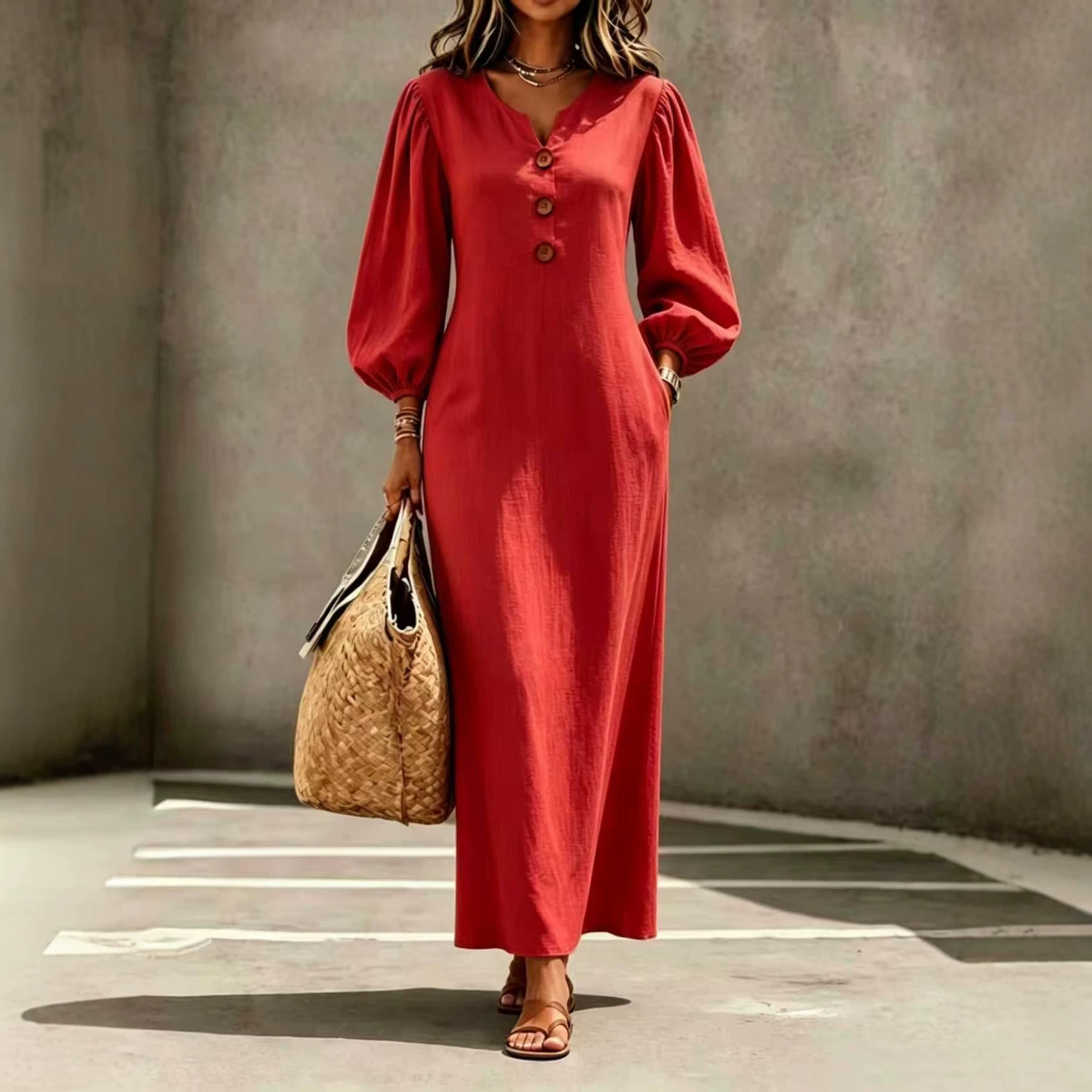Women's European And American Style V-Neck Button Puff Sleeve Loose Casual Long Dress, Flattering And Belly-Covering, Perfect For Vacation
