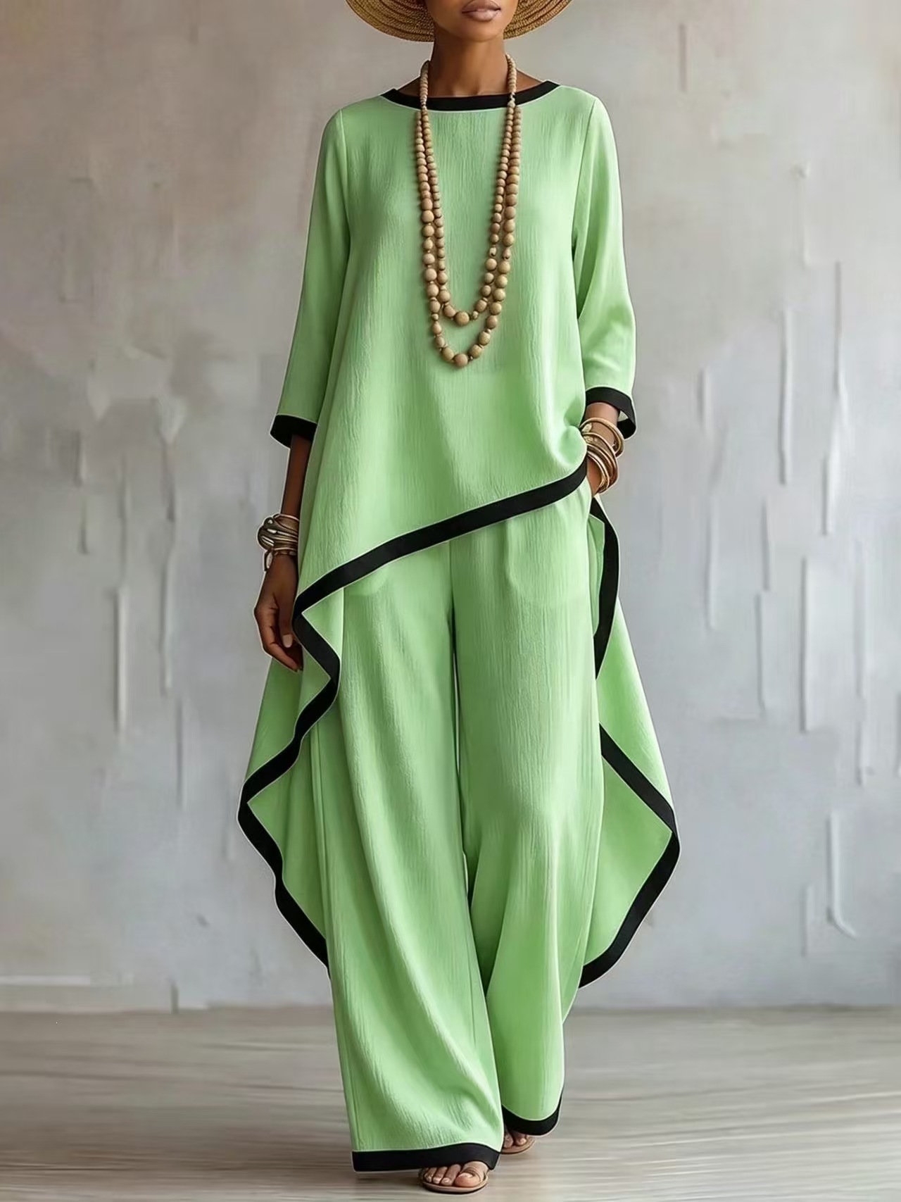 European And American Cross-Border New Style Old Money Style Cotton And Linen Irregular Design Long-Sleeve Blouse And Wide-Leg Pants Two-Piece Women's Set