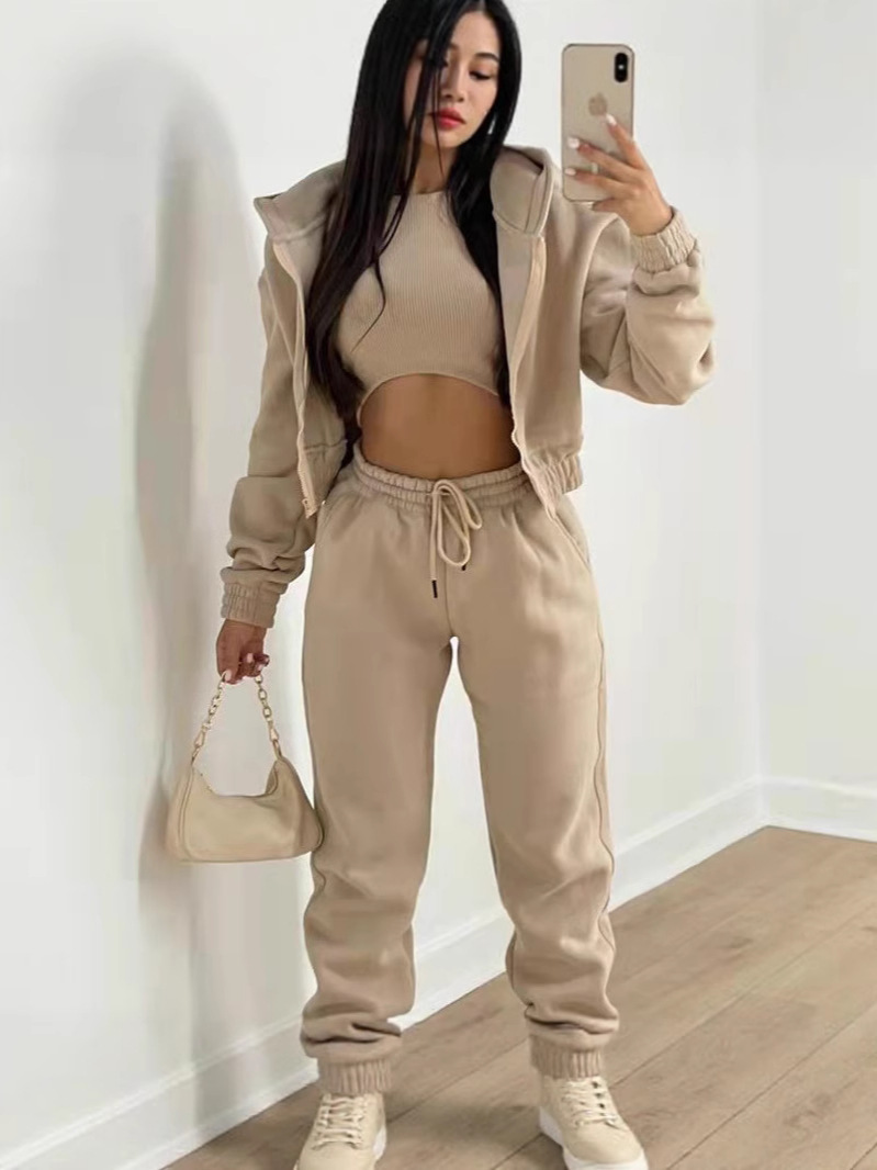 Amazon European And American Clothing Three-Piece Suit, Trousers, Velvet Hooded Sweatshirt, Sports Fashion And Casual Winter Wear Complete Set