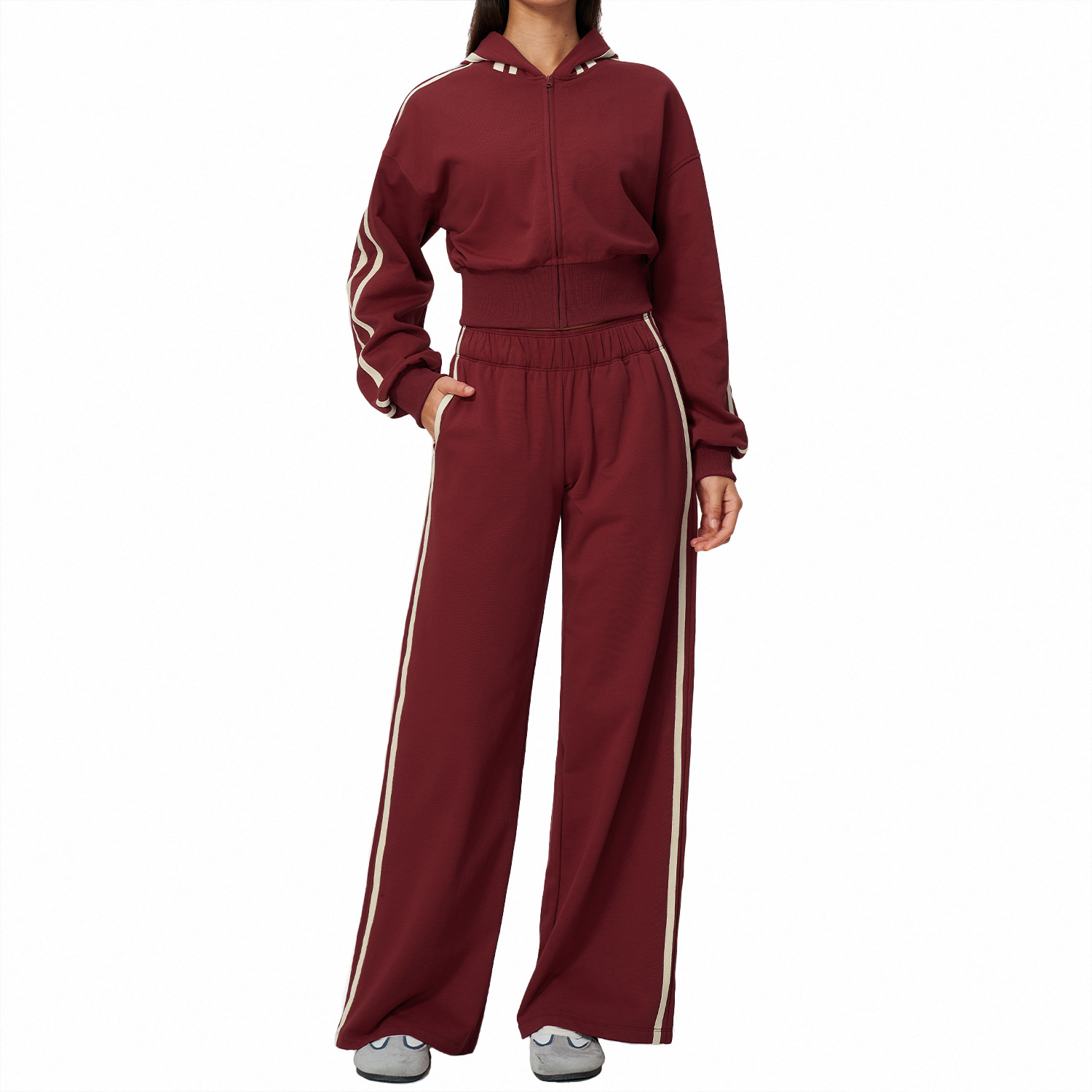 New Sports Suit Women's Loose Warm Thickened Hooded Sweatshirt Jacket Contrast Color Wide Leg Pants Suit product image